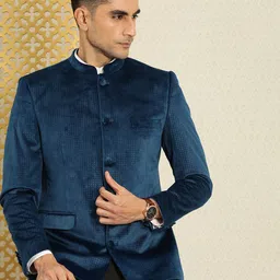 House of Pataudi Self Design Velvet Finish Mandarin Collar Bandhgala Jashn Blazer-image-33