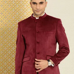 House of Pataudi Self Design Velvet Finish Mandarin Collar Bandhgala Jashn Blazer-image-34