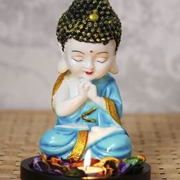 eCraftIndia Blue & Beige Praying Monk Buddha With Wooden Base Fragranced Petals & Tealight-image-15