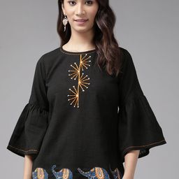 YASH GALLERY Black & Mustard Yellow Embroidered Top With Applique-picture-6
