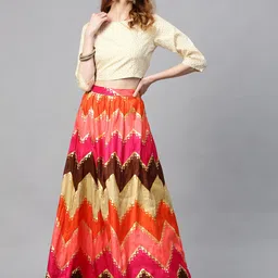 Juniper Pink & Beige Foil Print Ready to Wear Lehenga with Blouse-image-26