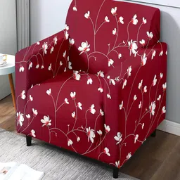 Cortina Maroon & White Floral Printed 1-Seater Sofa Cover-image-83