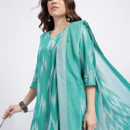 HERE&NOW Ikat Printed Kurta with Trousers & Tasseled Dupatta-image-95
