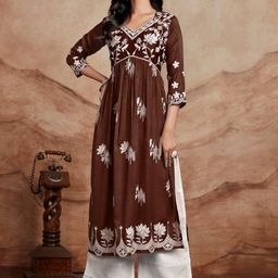 KALINI Floral Embroidered V Neck A Line Chikankari Kurta-picture-50