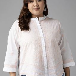 ADA White & Peach-Coloured Ethnic Motifs Embroidered Plus Size Chikankari Kurti-3