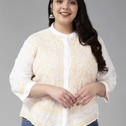 ADA Plus Size White Ethnic Motifs Embroidered Chikankari Cotton Kurti-image-21