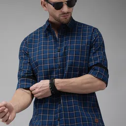 Roadster Men Blue & Grey Checked Pure Cotton Sustainable Casual Shirt-image-54
