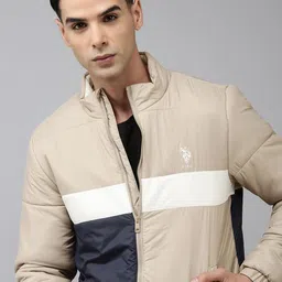 U.S. Polo Assn. Men Beige White Colourblocked Padded Jacket-17