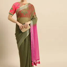 Anouk Olive Green & Pink Pure Linen Embroidered Saree-image-47