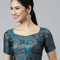 flaher Teal Blue Woven Design Jacquard Padded Blouse-image-73