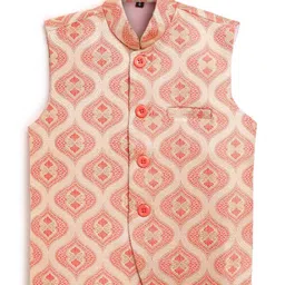 Aj DEZInES Boys Peach & White Embroidered Nehru Jacket-14