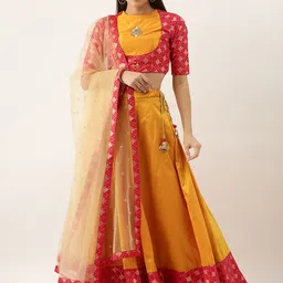 Ethnovog Red  Yellow Embellished Zardozi Made to Measure Lehenga  Blouse With Dupatta-17