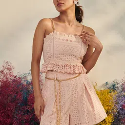 Style Island Shoulder Strap Schiffli Crop Top And Shorts-image-30
