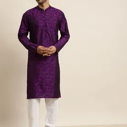 SOJANYA Men Purple & White Woven Design Kurta with Churidar-picture-17