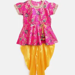 BownBee Girls Pink & Yellow Jacquard Patterned Kurta with Solid Dhoti Pants-image-22