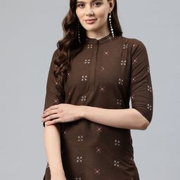 One Femme Geometric Embroidered Mandarin Collar Pure Cotton Kurti-image-80