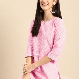 all about you Women Pink & White Ethnic Motifs Embroidered Chikankari Kurta-image-46