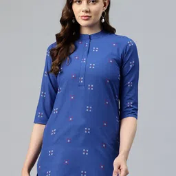 One Femme Geometric Embroidered Mandarin Collar Pure Cotton Kurti-image-57