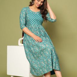 Fasnesio Women Maternity Ethnic Motifs Printed Fit & Flare Midi Dress-image-92
