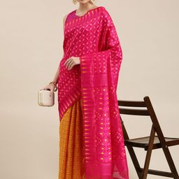 KALINI Pink & Yellow Woven Design Silk Cotton Jamdani Saree-image-10