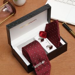 MUTAQINOTI Men Red Printed Silk Necktie Accessory Gift Set-image-10