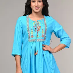 AVAYAYAT Floral Embroidered Tie-Up Neck Pleated Thread Work A-Line Kurti-7