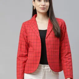 Cottinfab Women Red & Navy Blue Checked Open Front Blazer-12