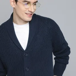 Mast & Harbour Men Navy Blue Ribbed Cardigan Sweater-image-5