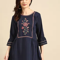 Sangria Navy Blue Embroidered Bell Sleeves Longline Top-9