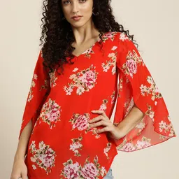 Qurvii Red & Pink Floral Print Slit Sleeves Longline Top-image-74