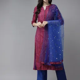 PANIT Women Burgundy & Blue Striped Sequinned Kurta with Trousers & With Dupatta-image-53