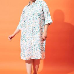 Athena Ample Plus Size Floral Printed Linen Midi Shirt Dress-image-57