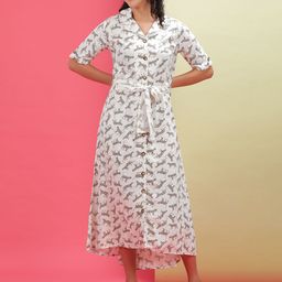 Freehand by The Indian Garage Co White  black Animal Printed Shirt Midi Dress-picture-57