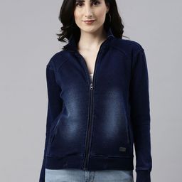 Campus Sutra Women Blue Solid Windcheater Outdoor Denim Jacket-image-61