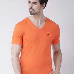 Friskers Men Orange Solid V-Neck Pure Cotton T-shirt-image-69