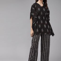 YASH GALLERY Women Black & White Ethnic Motifs Print Pyjamas Set-image-67
