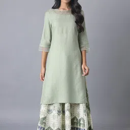 W Women Green Geometric Embroidered Thread Work Kurta-image-11