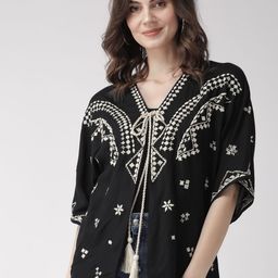 SCOUP Women Black & Off-White Embroidered Tie-Up Shrug-39