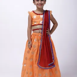 BownBee Girls Orange & Red Printed Ready to Wear Lehenga & Blouse with Dupatta-2