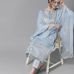 Ishin Women Blue & Silver Striped Kurta Set with Gotta Patti Detail-picture-45