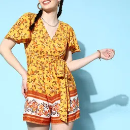 Berrylush Women  Yellow Printed Belted Detail Jumpsuit-32