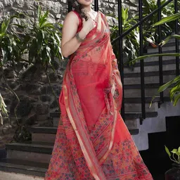 KALINI Pink & Green Checked Zari Organza Saree-20
