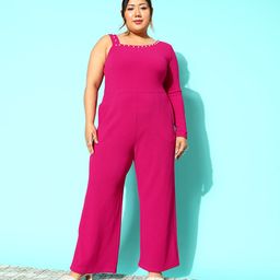 CURVE BY KASSUALLY Plus Size Fuchsia Embellished Basic Jumpsuit image 2