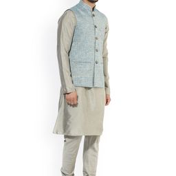 KISAH Men Grey & Blue Solid Kurta with Churidar and Nehru Jacket image 4