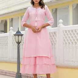 Juniper Pink Mirror Work Layered Maxi Ethnic Dress-image-5