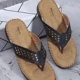 TRASE Women Black Solid Open Toe Laser Cut Flats-70