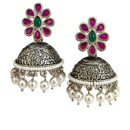 Zeviel Silver-Plated Artificial Stones Studded Dome Shaped Antique Jhumkas image 2