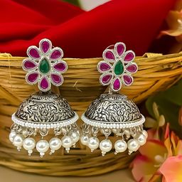 Zeviel Silver-Plated Artificial Stones Studded Dome Shaped Antique Jhumkas image 3