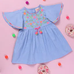 Nauti Nati Girls Blue Floral Embroidered A-Line Dress-11