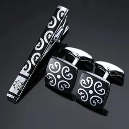 Yellow Chimes Black & Silver-Toned Geometric Print Cufflink-image-4